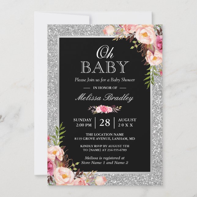 Oh Baby Shower Silver Glitter Sparkles Pink Floral Invitation (Front)