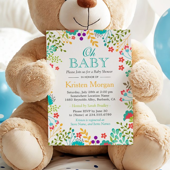 Oh Baby Shower Spring Floral Teal Green Invitation (Creator Uploaded)