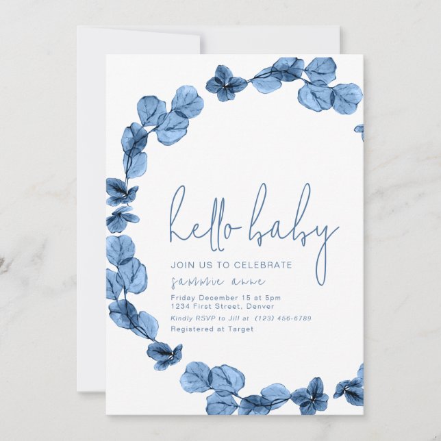 Oh Baby Simple Dark Blue Baby Shower Invite (Front)