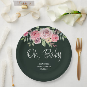 Oh Baby Simple Rose Radiant Green Baby Shower Paper Plate