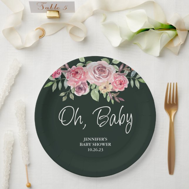 Oh Baby Simple Rose Radiant Green Baby Shower Paper Plate (Wedding)