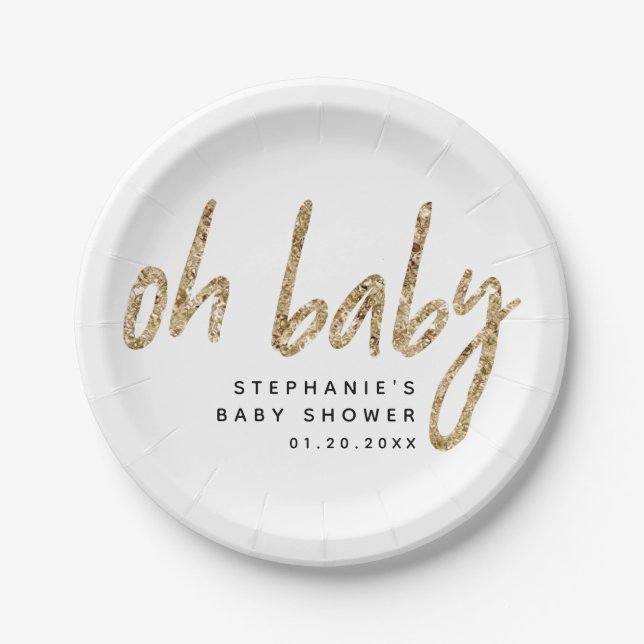 Oh Baby Simply Elegant Gold Glam Baby Shower Paper Plate (Front)