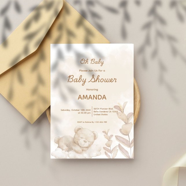 Oh Baby! Sleeping Bear Boho Neutral Baby Shower Invitation (Creator Uploaded)