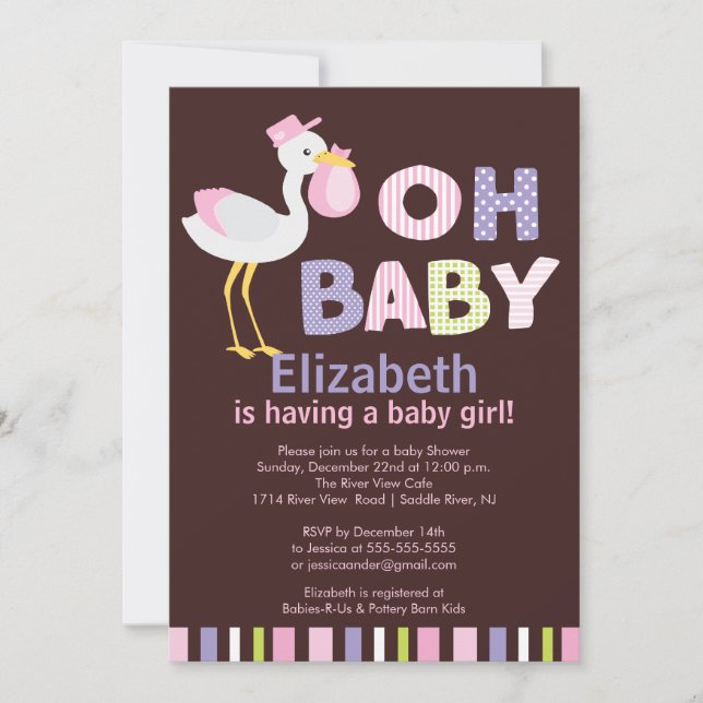 Oh Baby Stork Girl Baby Shower Invitations (Front)