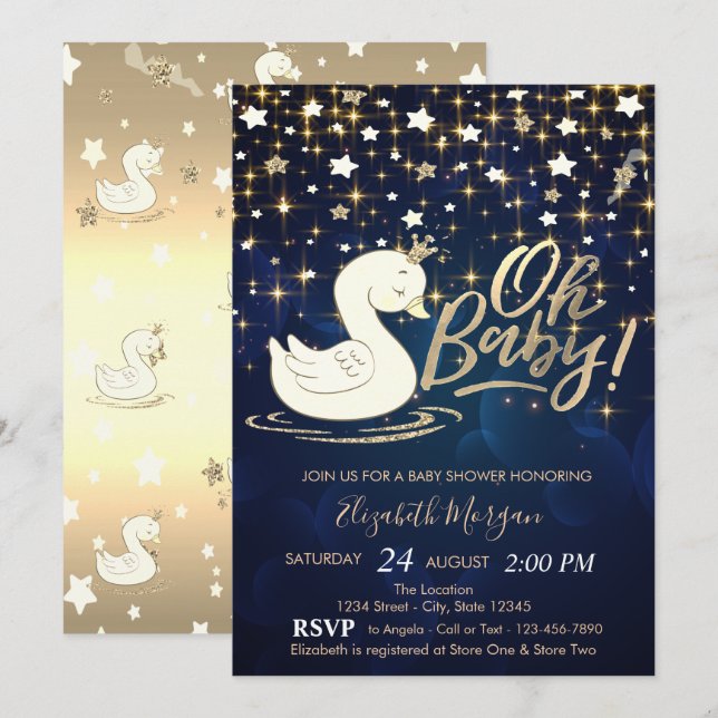 Oh Baby Swan Crown Gold Stars Baby Shower  Invitation (Front/Back)