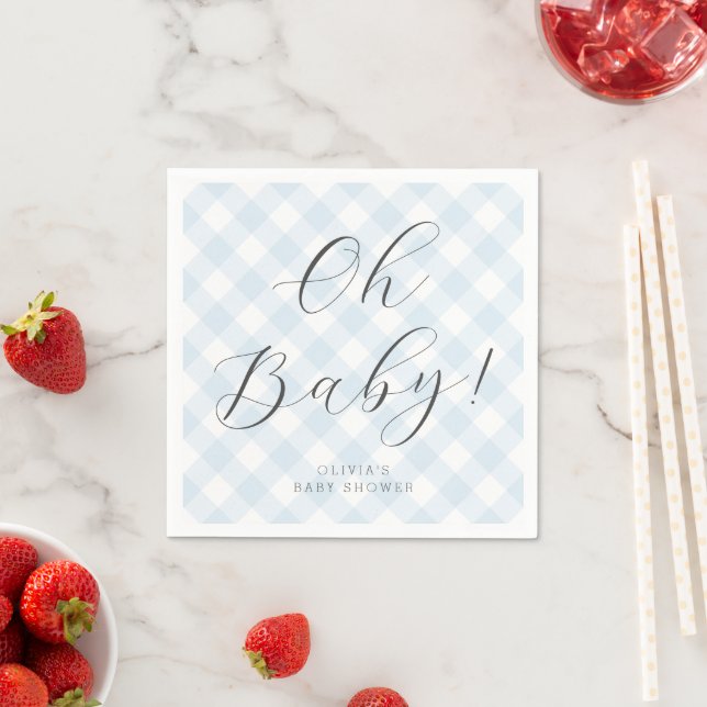 Oh Baby! Sweet Baby Blue Gingham Baby Shower Party Napkin (Insitu)