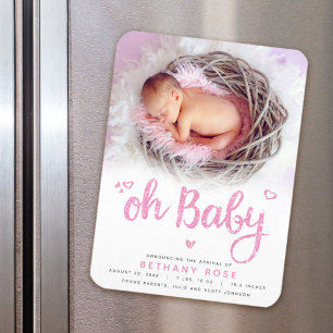 Oh Baby Sweet Chic Modern Pink Girl Birth Photo Magnet