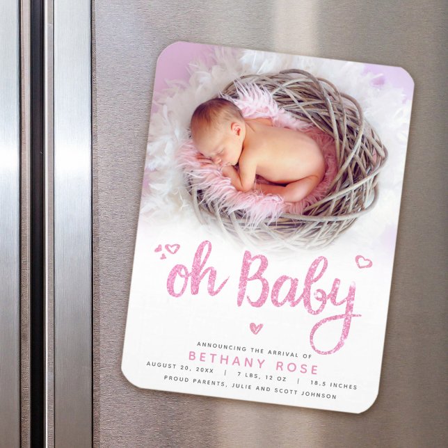 Oh Baby Sweet Chic Modern Pink Girl Birth Photo Magnet (Creator Uploaded)