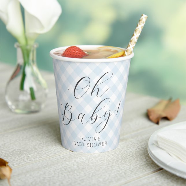Oh Baby! Sweet Light Blue Gingham Baby Shower Paper Cups (Insitu)