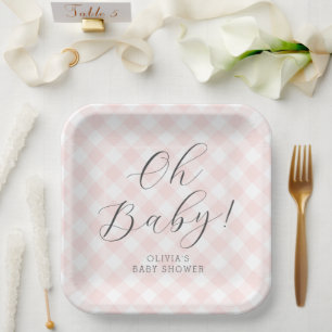 Oh Baby! Sweet Light Pink Gingham Baby Shower Paper Plate