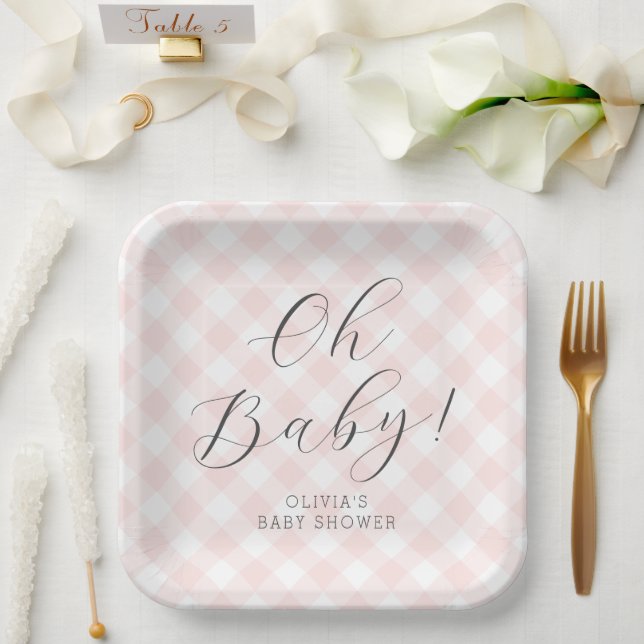 Oh Baby! Sweet Light Pink Gingham Baby Shower Paper Plate (Wedding)