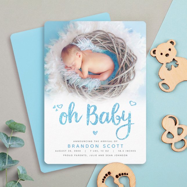 Oh Baby Sweet Modern Cute Blue Boy Birth Photo Announcement (Creator Uploaded)