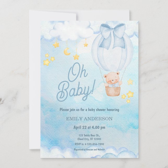 Oh Baby Teddy Bear Balloon Boy Baby Shower  Invitation (Front)