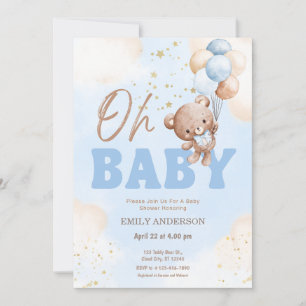 Oh Baby Teddy Bear Balloons Boy Baby Shower  Invitation