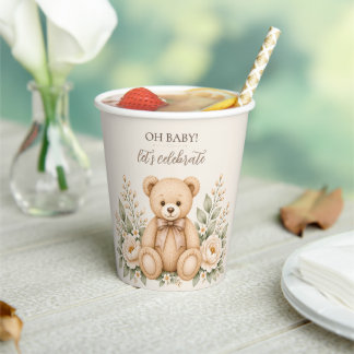 Oh Baby Teddy Bear Floral Baby Shower Paper Cups
