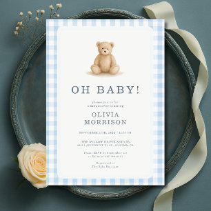Oh Baby Teddy Bear Gingham Baby Shower Invitation
