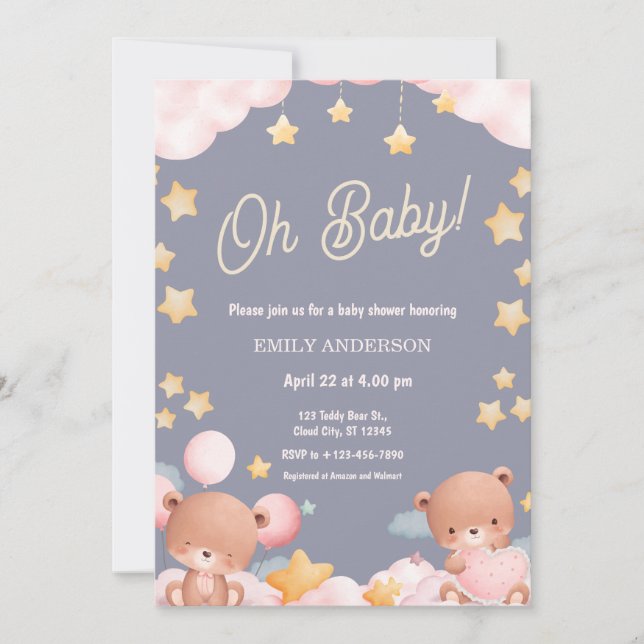 Oh Baby Teddy Bear Twinkle Little Star Baby Shower Invitation (Front)