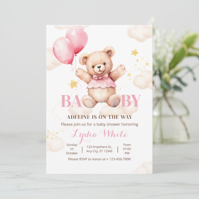 Oh Baby Teddy Bear With Balloon Girl Baby Shower Invitation (Standing Front)