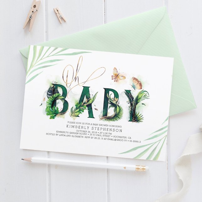 Oh Baby Tropical Greenery and Gold Baby Shower Invitation (Creator Uploaded)