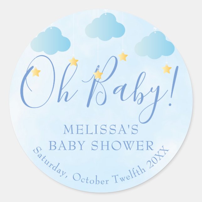 Oh Baby Twinkle Twinkle Boy Blue Baby Shower Classic Round Sticker (Front)