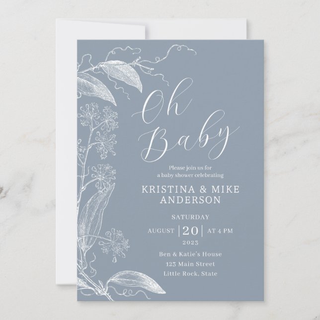 Oh Baby Vintage Botanical Dusty Blue White Invitation (Front)