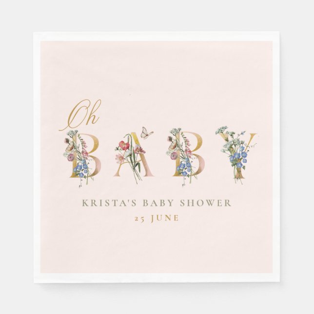Oh Baby Vintage Wildflower Blush Baby Shower Napkin (Front)