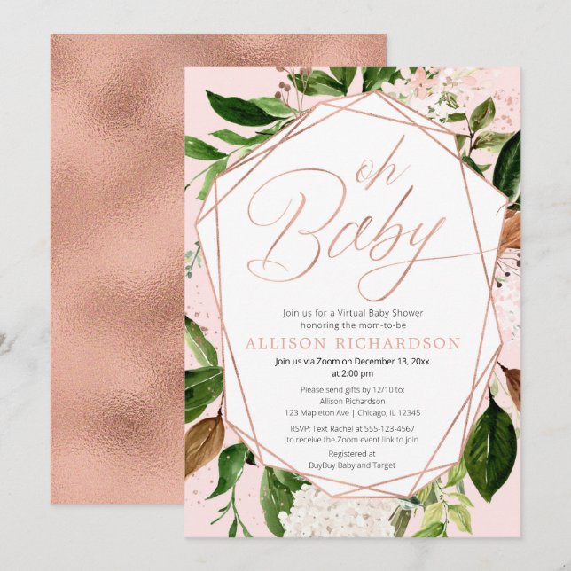 Oh Baby Virtual Baby Shower Girl rose gold green Invitation (Front/Back)