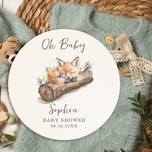 Oh Baby Warm Beige Woodland Fox Baby Shower  Classic Round Sticker