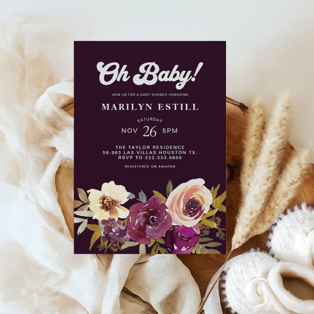Oh Baby Watercolor Autumn Maroon Baby Shower Invitation (Creator Uploaded)