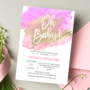OH BABY! Watercolor Gold Pink Purple Baby Shower Invitation