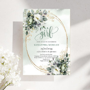 Oh Baby Watercolor Greenery It's a Girl Invitation