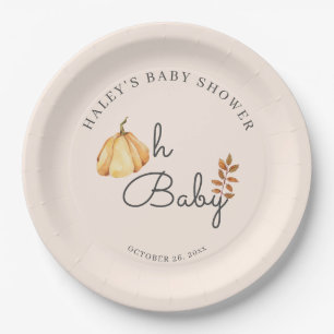 Oh Baby Watercolor Pumpkin Fall Rustic Baby Shower Paper Plate