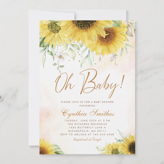 Oh Baby Watercolor Sunflower Floral Baby Shower    Invitation (Front)
