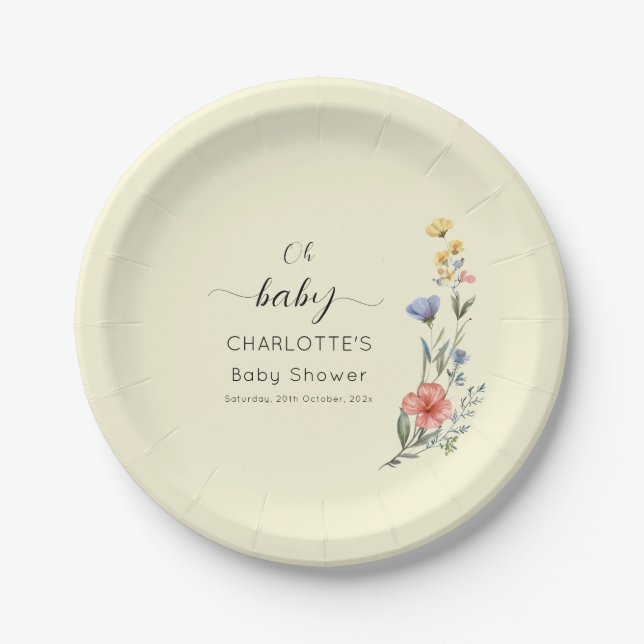 Oh Baby! Watercolor Wildflower Baby Shower Paper Plate (Front)