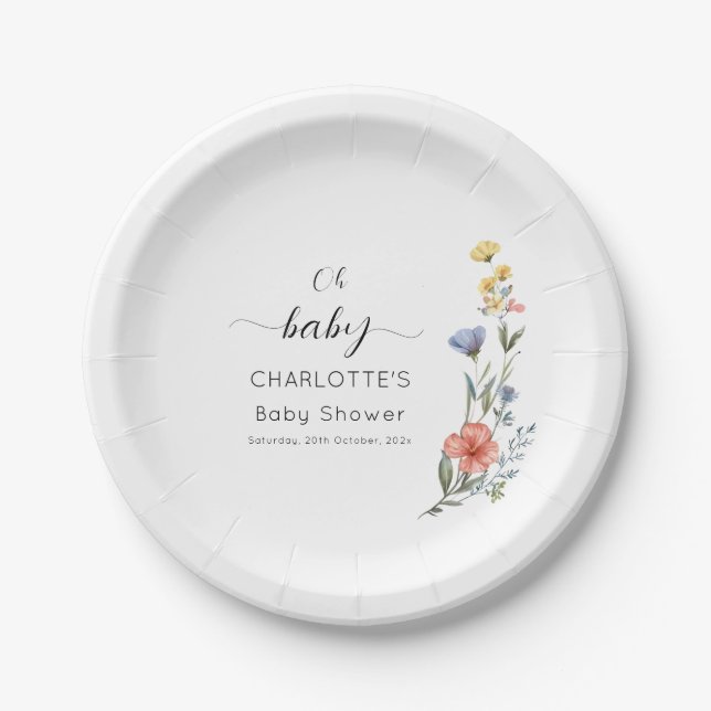 Oh Baby! Watercolor Wildflower Baby Shower Paper Plate (Front)