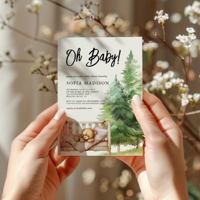Oh Baby Watercolor Woodland Teddy Bear Baby Shower Invitation (Creator Uploaded)