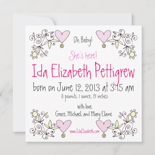 Oh Baby! Whimsical Springtime Birth Announcement (Front)