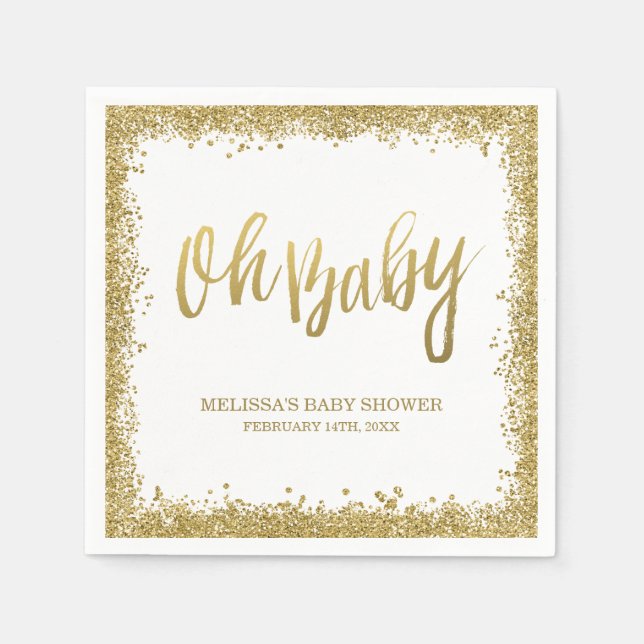Oh Baby White Gold Faux Glitter Baby Shower Napkin (Front)