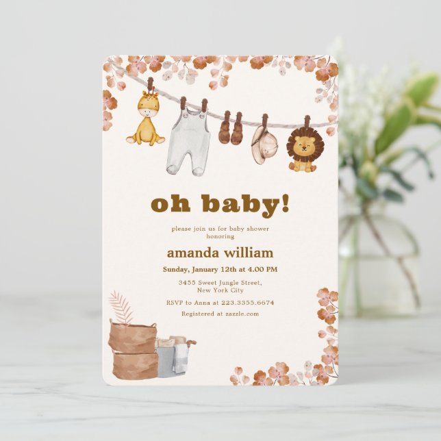 Oh Baby Wild Jungle Safari Clothesline Baby Shower Invitation (Standing Front)