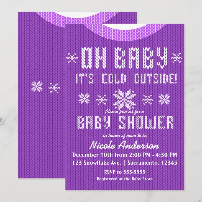 OH BABY Winter Baby Shower Knit Sweater Purple Invitation (Front/Back)