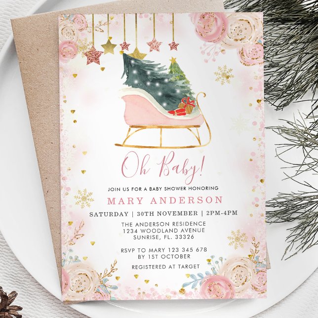 Oh Baby Winter Christmas Sleigh Baby Shower  Invitation (Creator Uploaded)