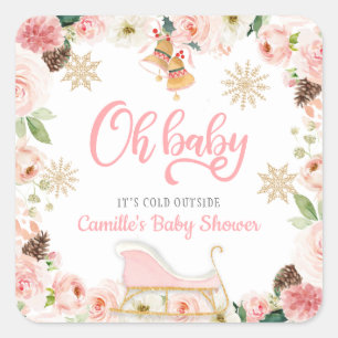 Oh Baby Winter Pink Girl Baby Shower Favour Square Sticker