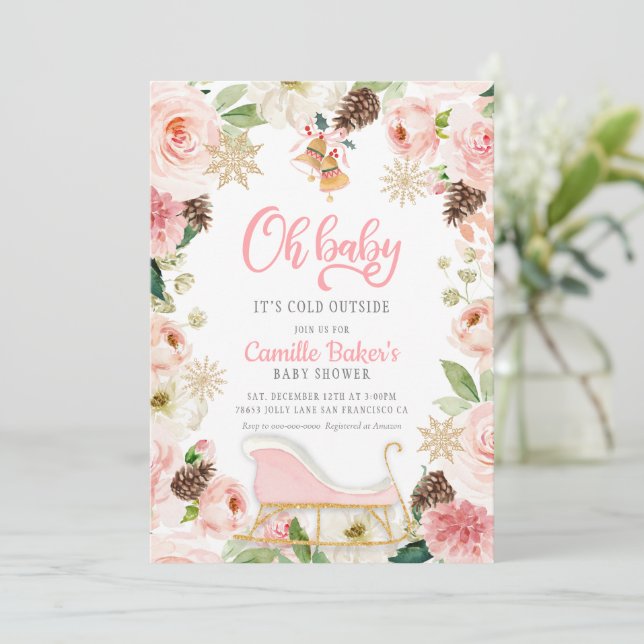 Oh Baby Winter Pink Girl Baby Shower Invitation (Standing Front)