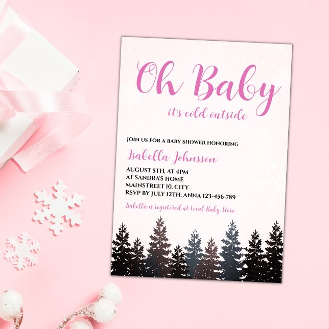 Oh Baby Winter Wonderland Girl Baby Shower Invitation (oh baby it's cold outside winter wonderland  girl baby shower invitation gender neutral baby pink )