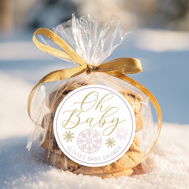 Oh Baby Winter Wonderland Pink Baby Shower Favor Classic Round Sticker (Oh Baby - Baby Shower Favor Sticker)
