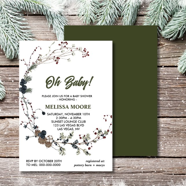 Oh baby winterberry greenery pinecones invitation (Creator Uploaded)