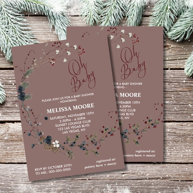 Oh baby winterberry greenery pinecones invitation (Creator Uploaded)