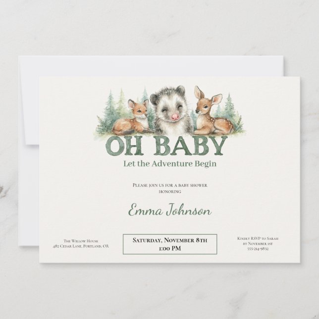 Oh Baby Woodland Baby Shower Invitation • Opossum  (Front)