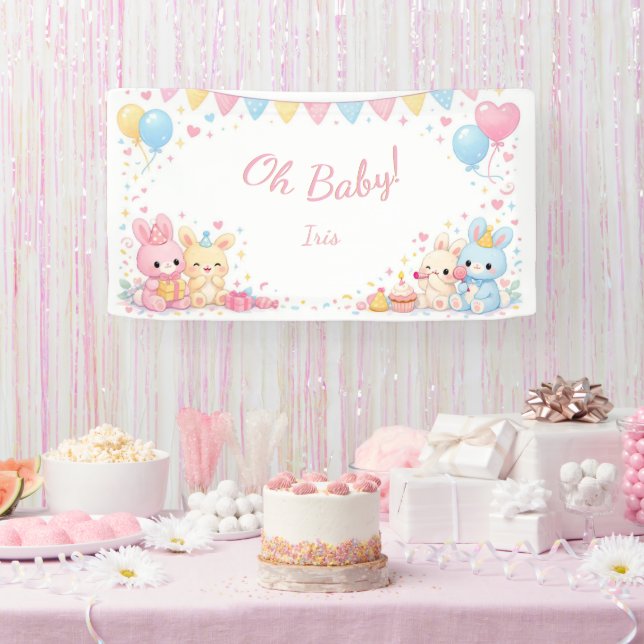 Oh Baby Woodland Cute Bunny Pastel Baby Shower Banner (Party)