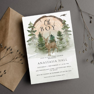 Oh Baby Woodland Watercolor Rustic Baby Shower  Invitation